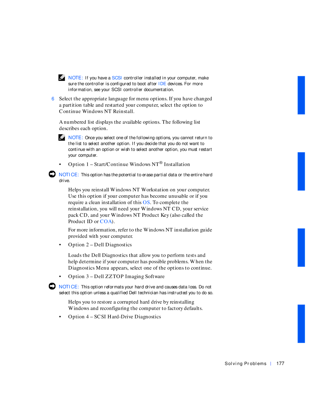 Dell 530 manual Option 1 Start/Continue Windows NT Installation, Solving Problems 177 
