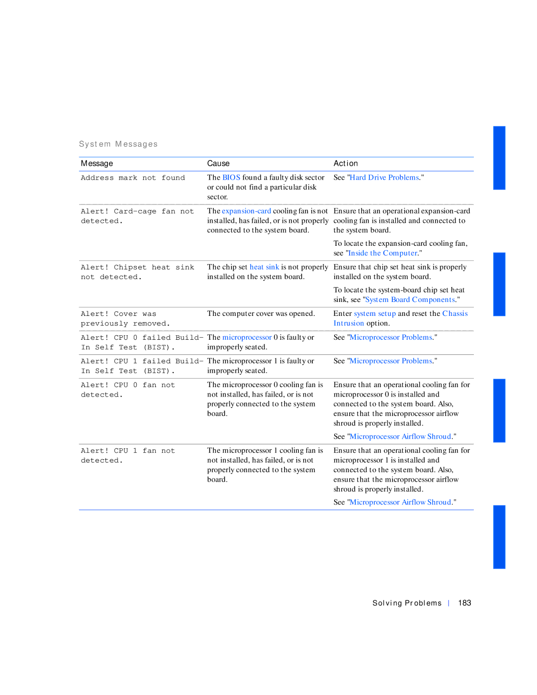Dell 530 manual S t e m M e s s a g e s, Message Cause Action, Solving Problems 183 