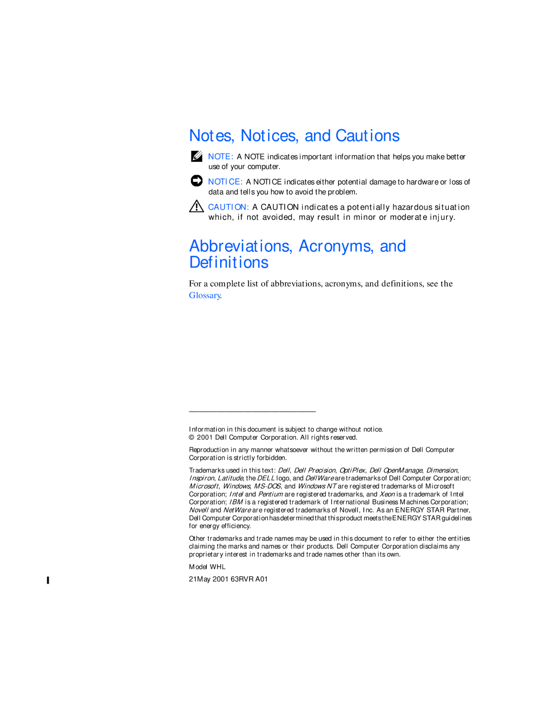 Dell 530 manual Abbreviations, Acronyms, and Definitions 