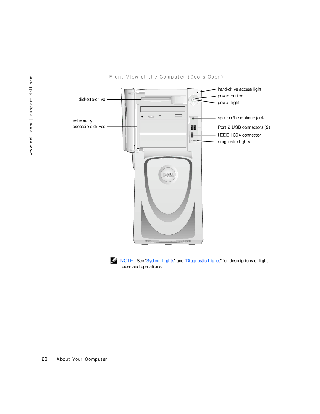 Dell 530 manual Hard-drive access light, Diskette-drive Power button Power light Externally, Diagnostic lights 