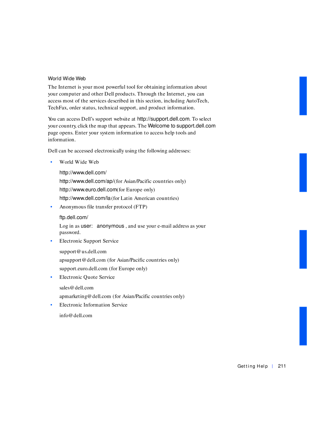 Dell 530 manual World Wide Web, Getting Help 211 