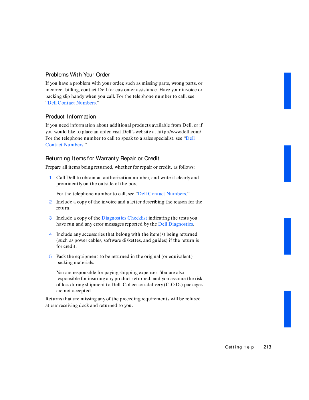 Dell 530 manual Problems With Your Order, Getting Help 213 