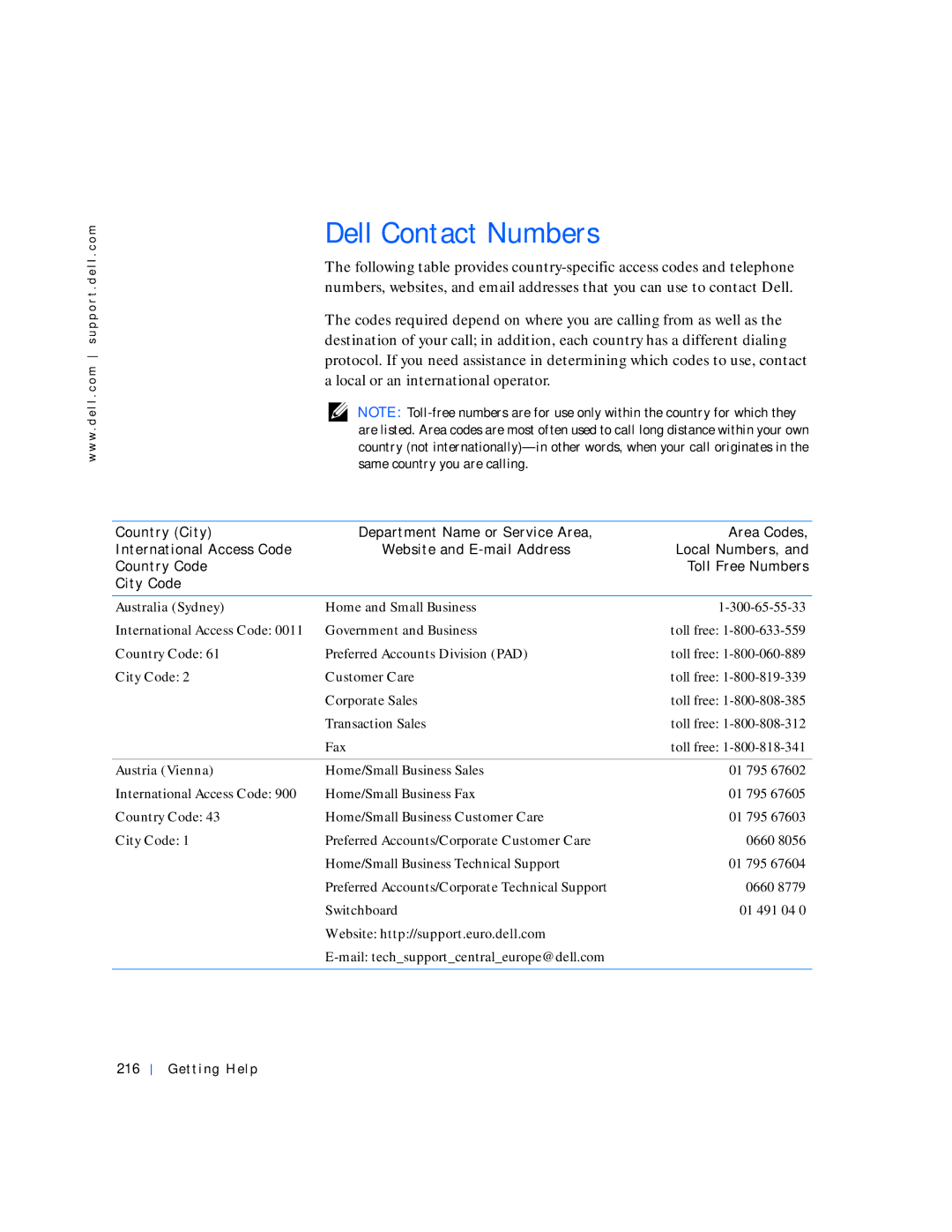 Dell 530 manual Dell Contact Numbers, Australia Sydney, Austria Vienna, Website http//support.euro.dell.com, Getting Help 