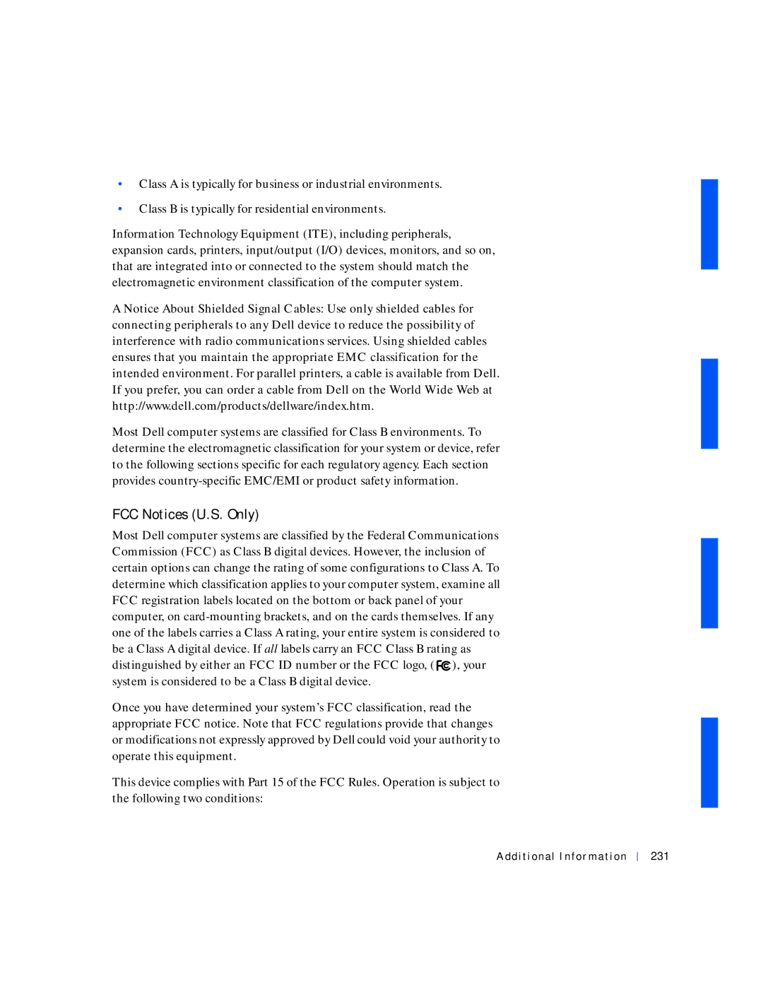 Dell 530 manual FCC Notices U.S. Only, Additional Information 231 