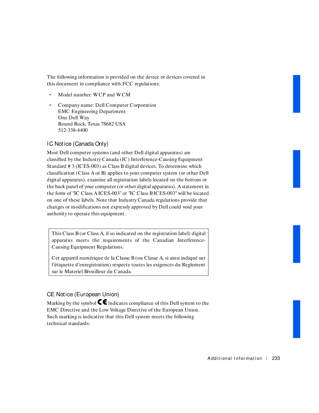 Dell 530 manual IC Notice Canada Only, CE Notice European Union, Additional Information 233 