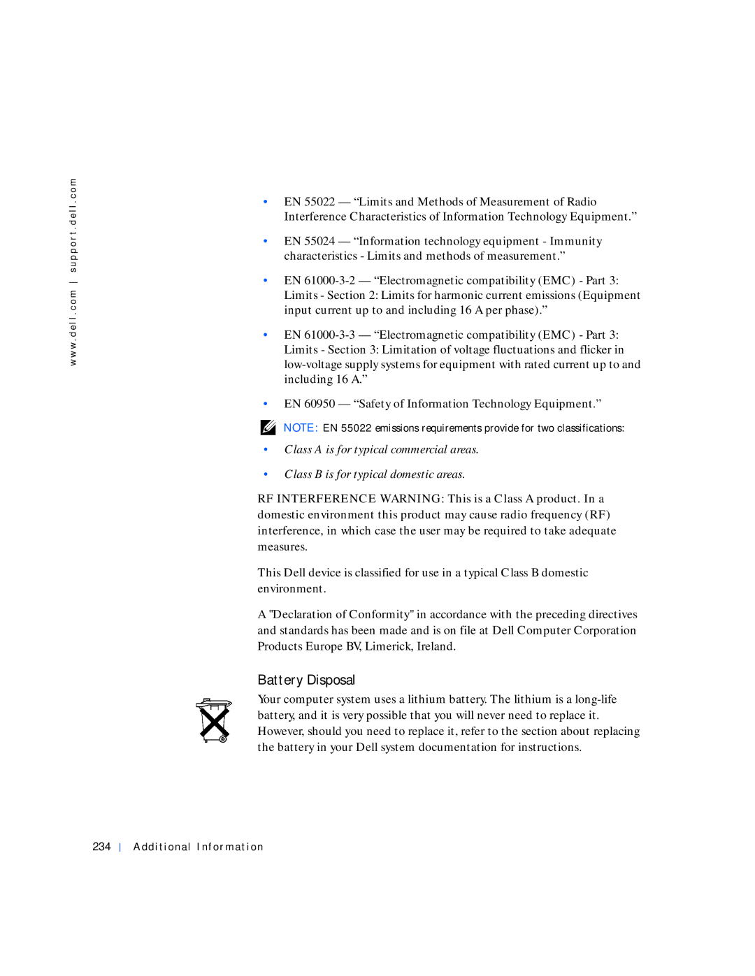 Dell 530 manual Battery Disposal, Additional Information 