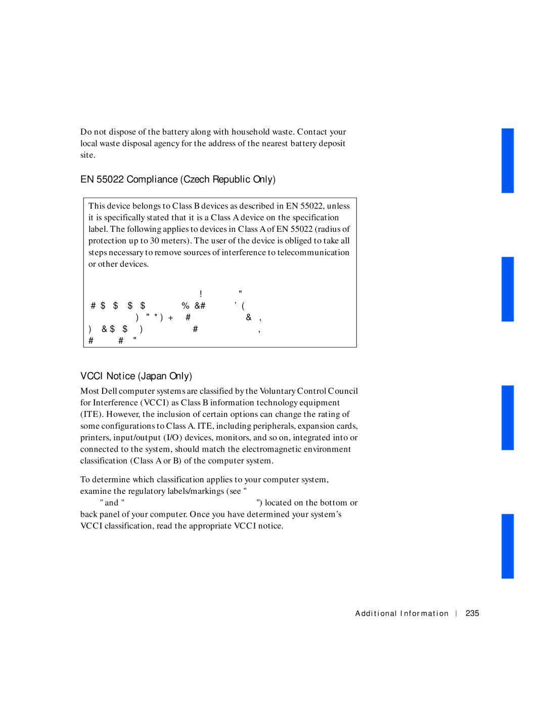 Dell 530 manual EN 55022 Compliance Czech Republic Only, Vcci Notice Japan Only, Additional Information 235 