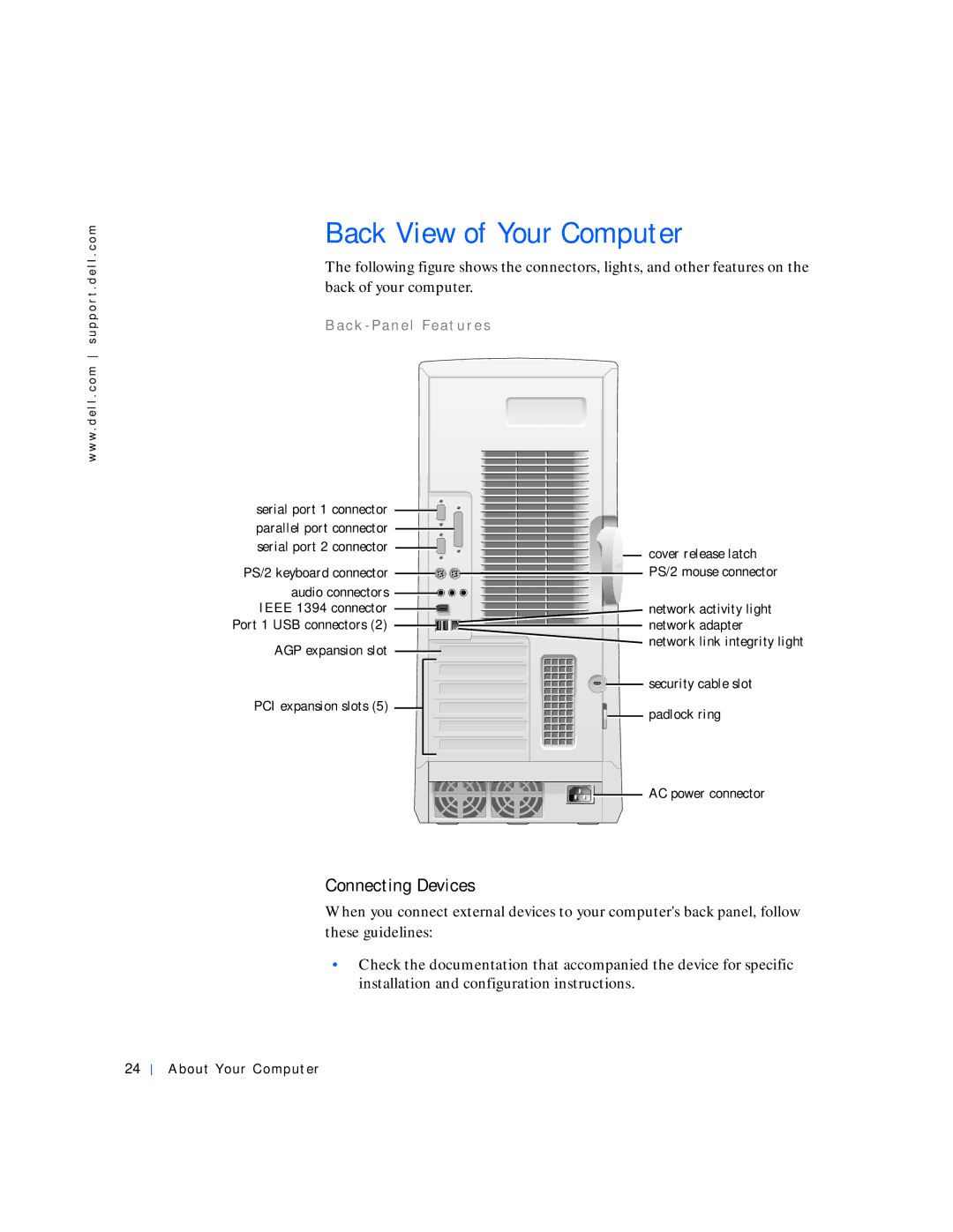 Dell 530 manual Back View of Your Computer, C k Pa n e l Fe a t u r e s 