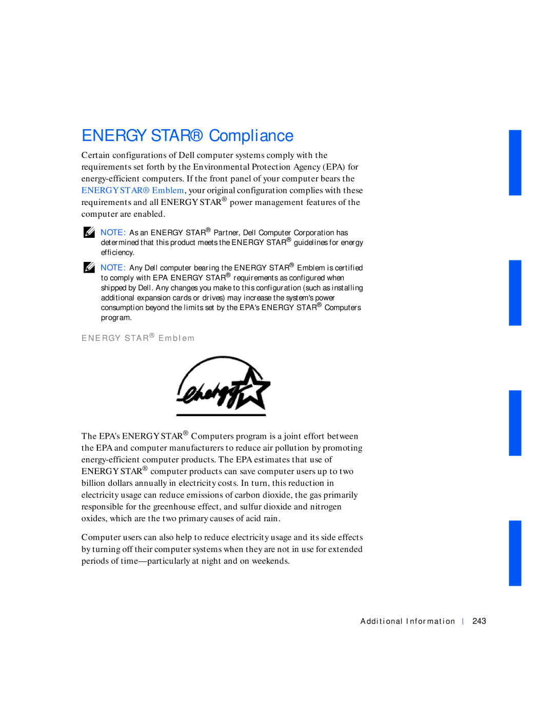 Dell 530 manual Energy Star Compliance, E R GY S TA R E m b l e m, Additional Information 243 