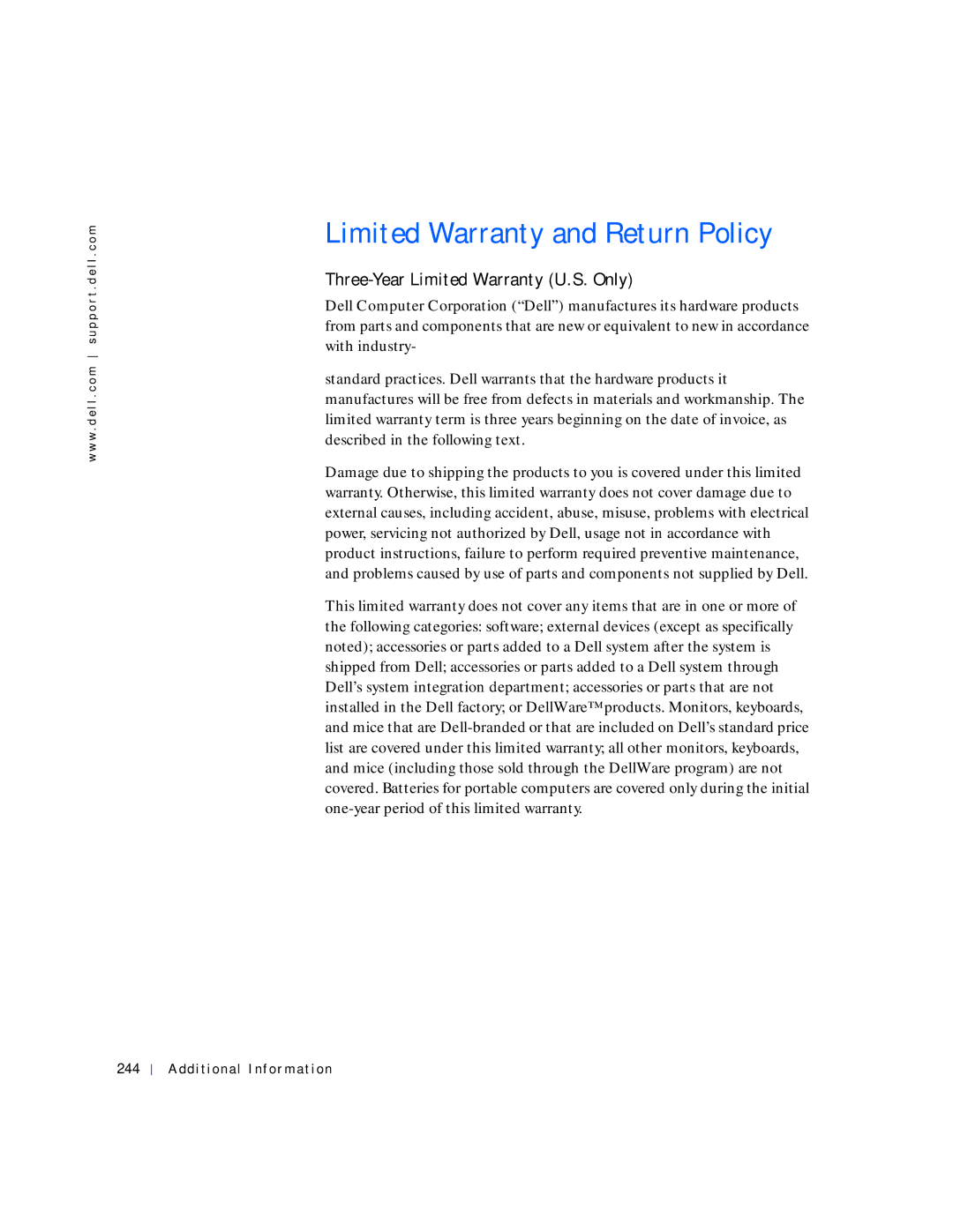 Dell 530 manual Limited Warranty and Return Policy, Three-Year Limited Warranty U.S. Only, Additional Information 