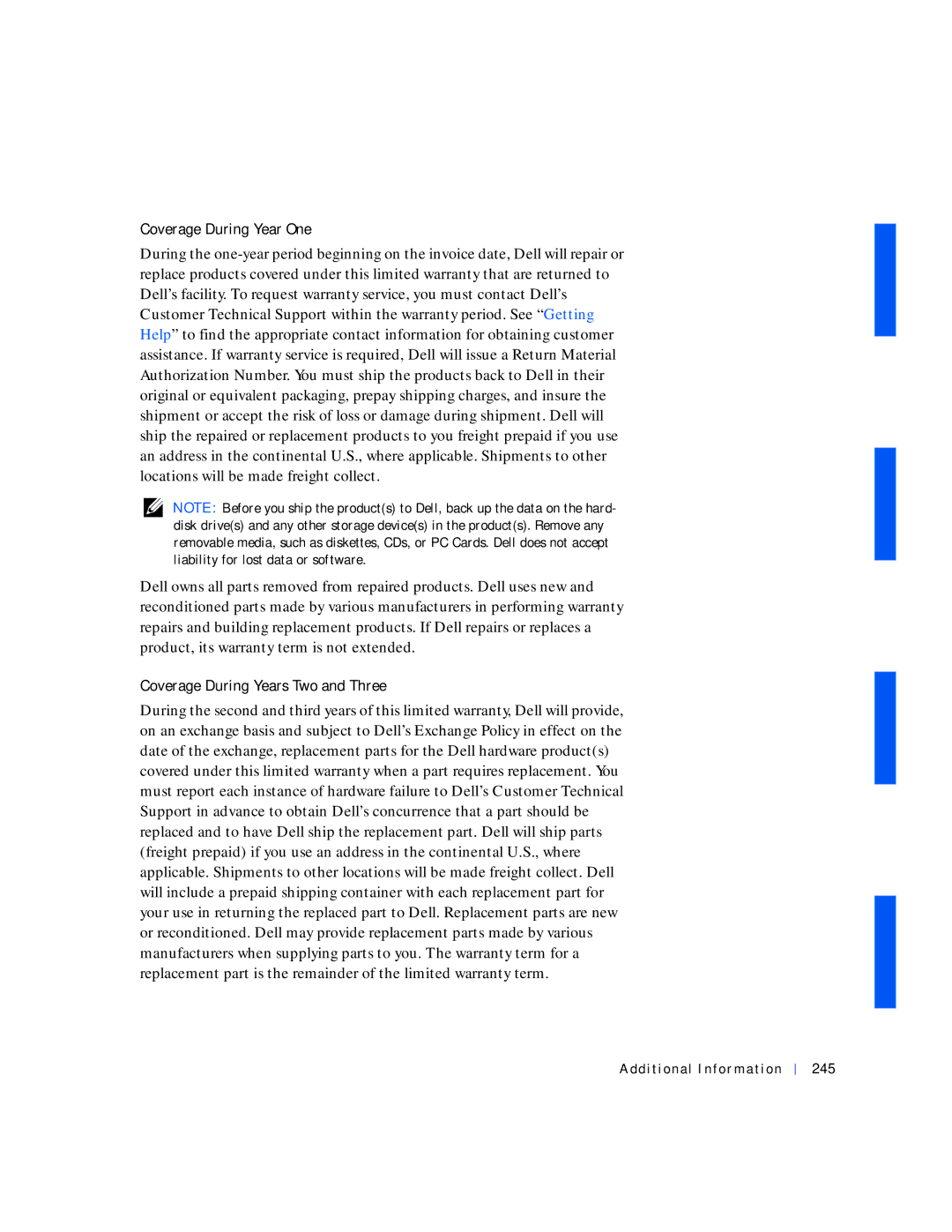 Dell 530 manual Coverage During Year One, Coverage During Years Two and Three, Additional Information 245 