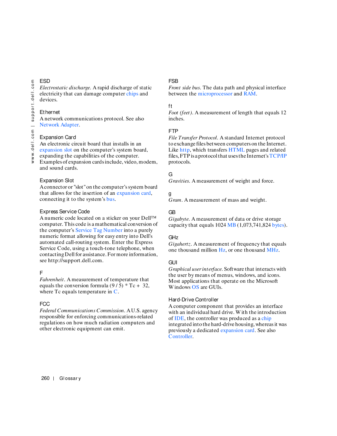 Dell 530 manual Esd, Fcc, Fsb, Ftp, Gui 