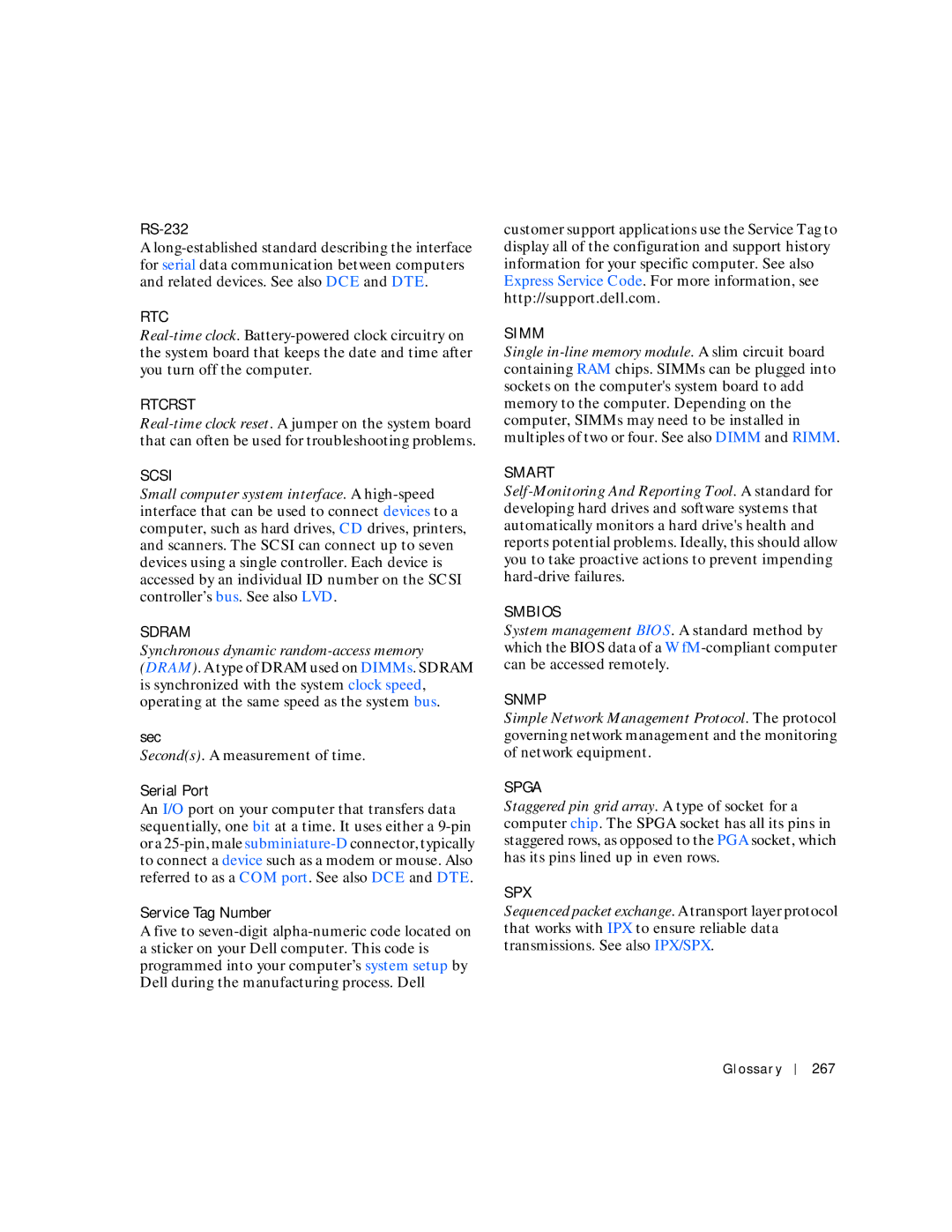 Dell 530 manual Rtcrst, Scsi, Sdram, Simm, Smart, Smbios, Snmp, Spga, Spx 