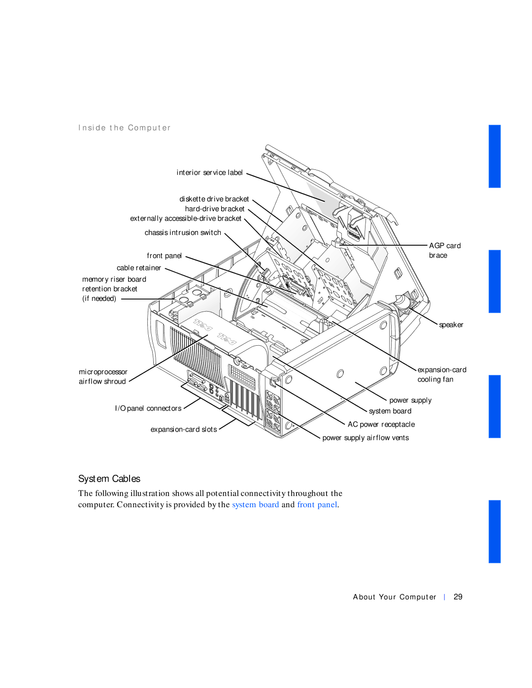 Dell 530 manual System Cables, S i d e t h e C o m p u t e r, Interior service label, Front panel Brace Cable retainer 