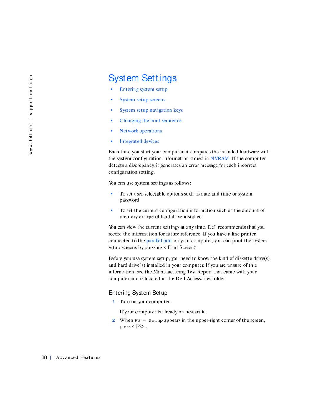 Dell 530 manual System Settings, Entering System Setup, Advanced Features 