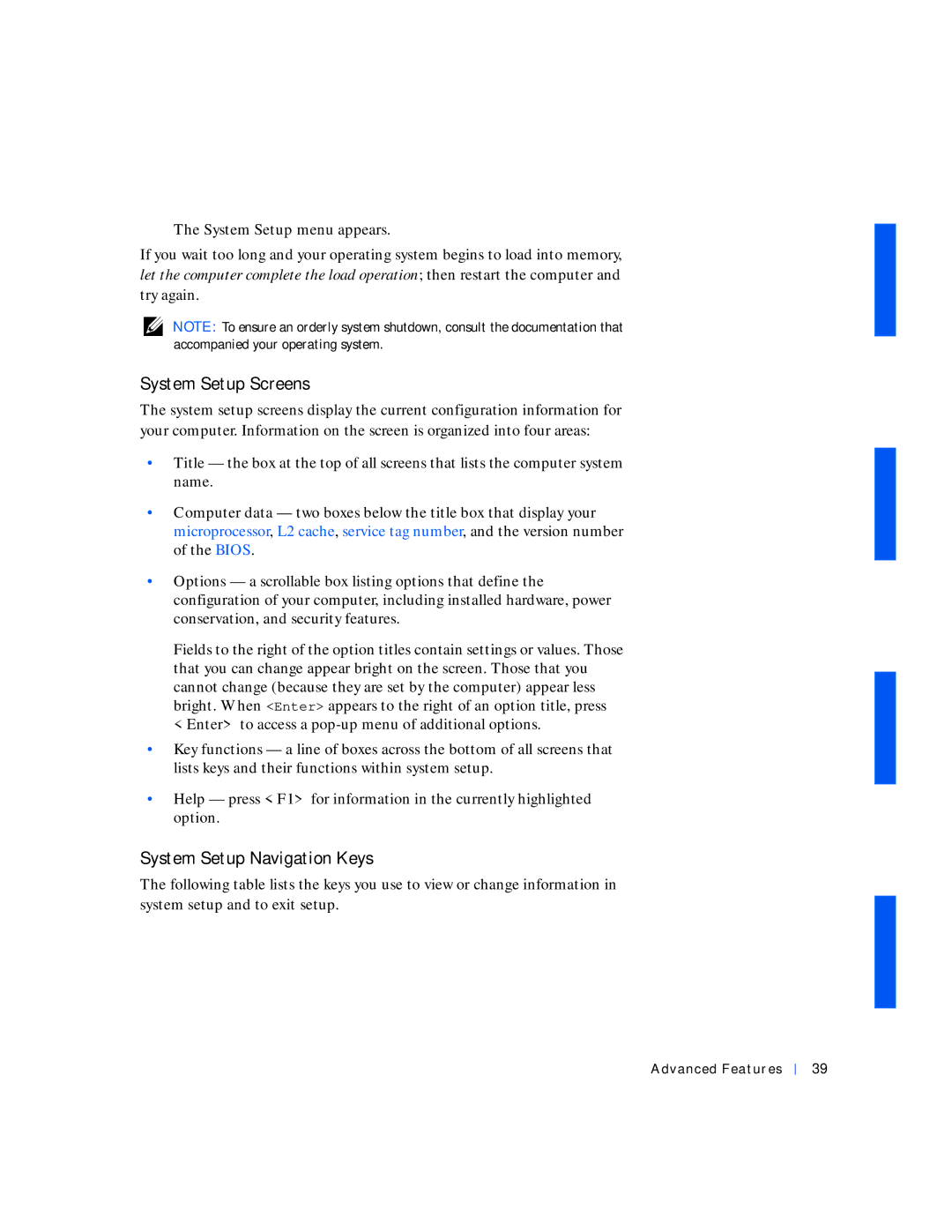 Dell 530 manual System Setup Screens, System Setup Navigation Keys 