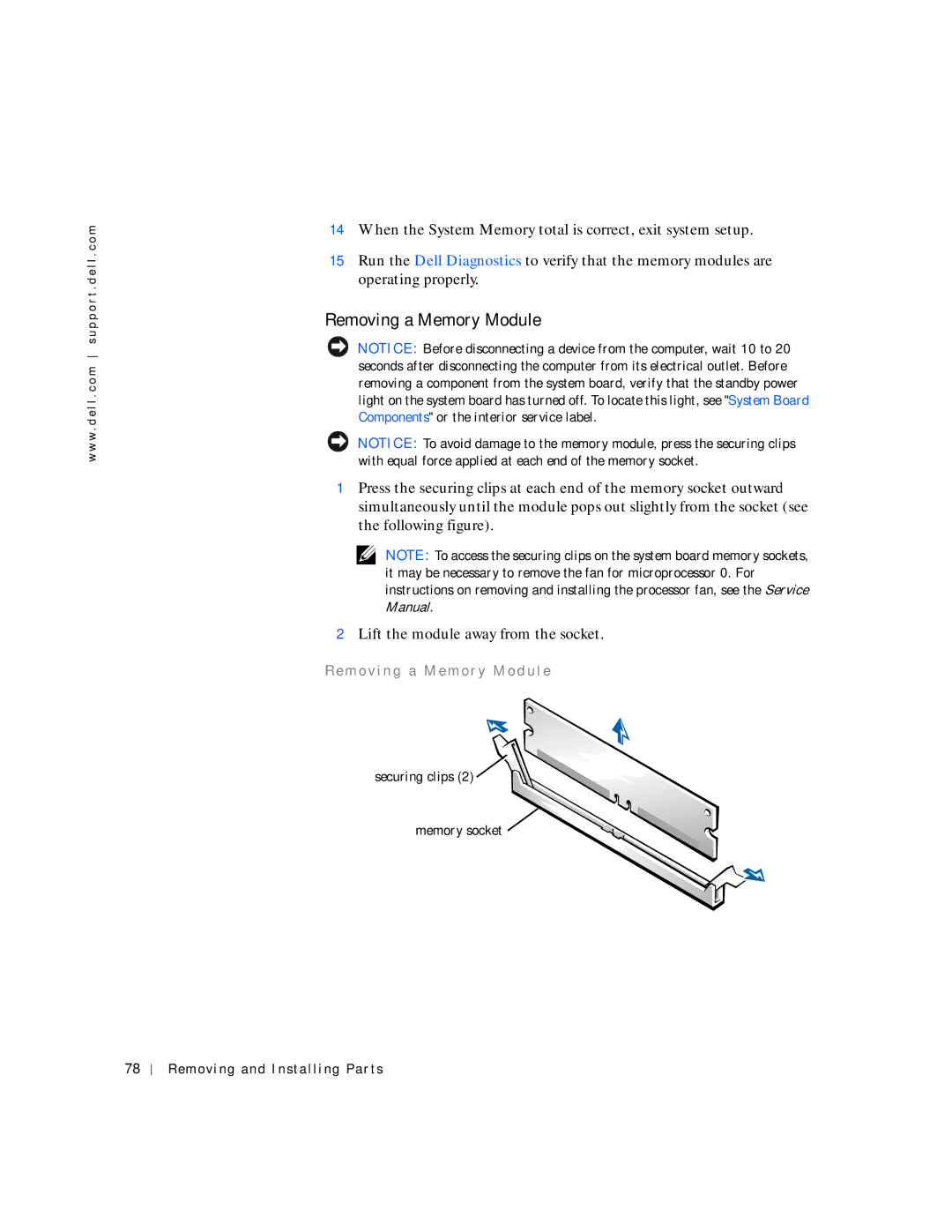 Dell 530 manual Removing a Memory Module, Re m o v i n g a M e m o r y M o d u l e 