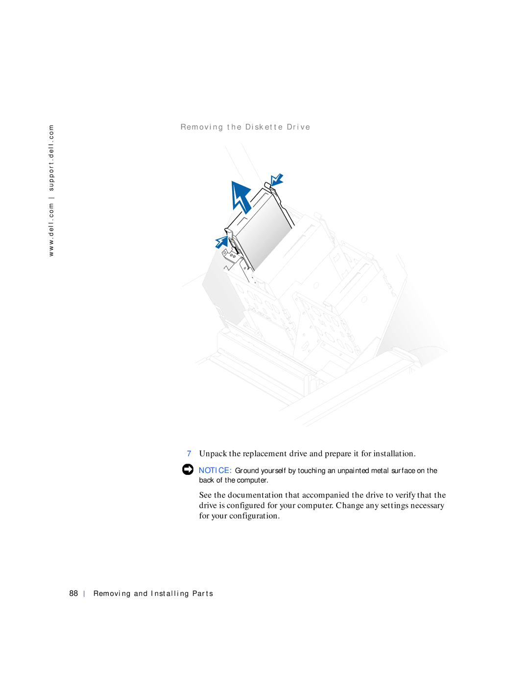 Dell 530 manual Re m o v i n g t h e D i s k e t t e D r i v e 