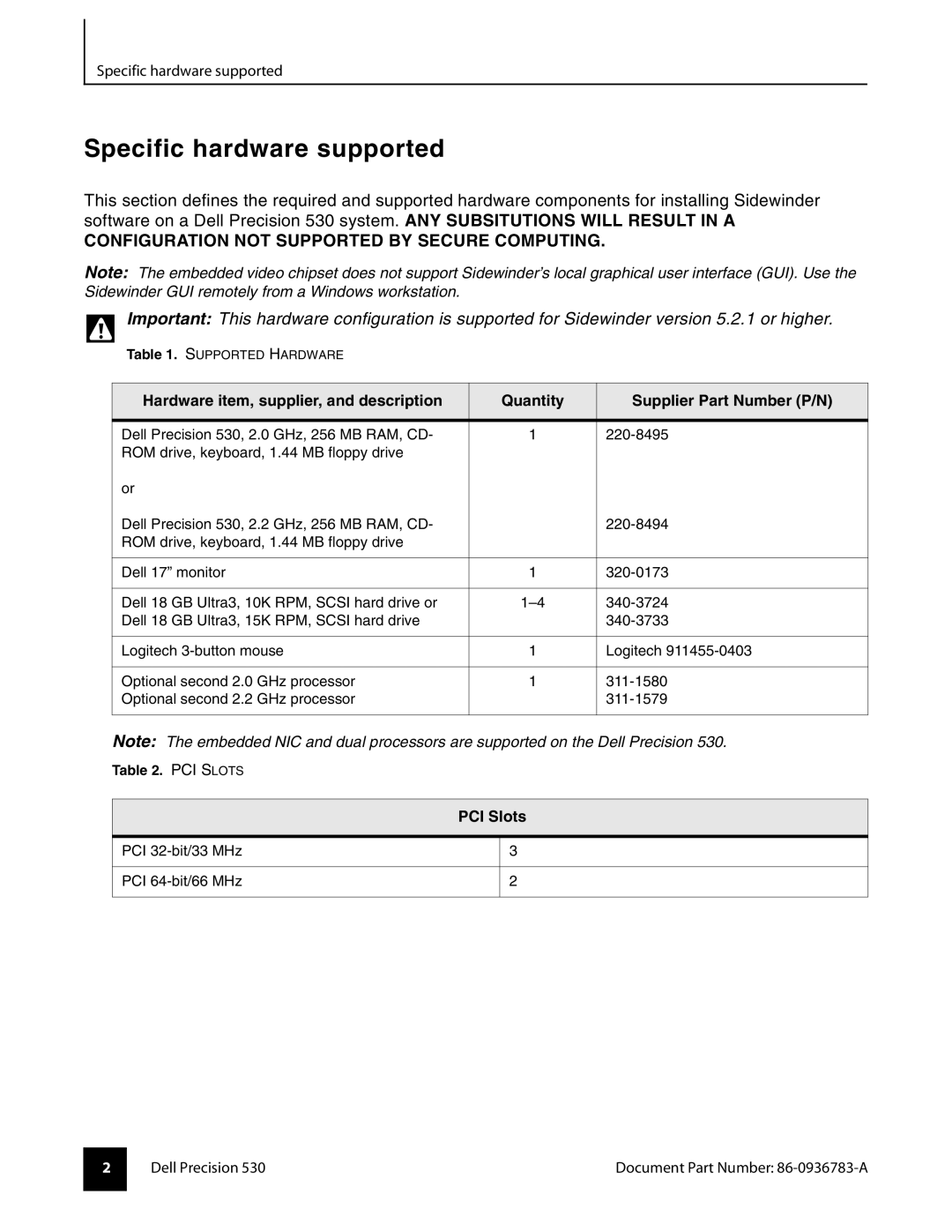 Dell 530 manual Specific hardware supported, PCI Slots 