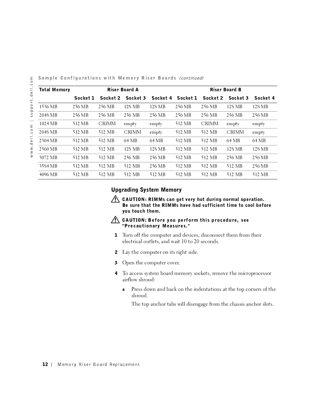 Dell 530 manual Upgrading System Memory, Co n f ig u ra t io n s w it h Me m o r y R is er Bo a r ds 