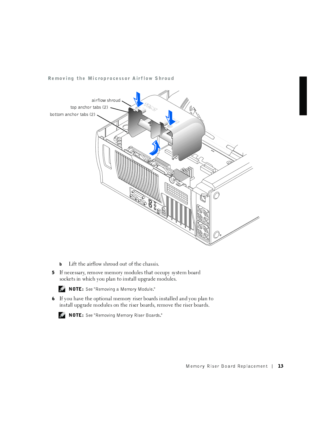 Dell 530 manual Airflow shroud Top anchor tabs Bottom anchor tabs 