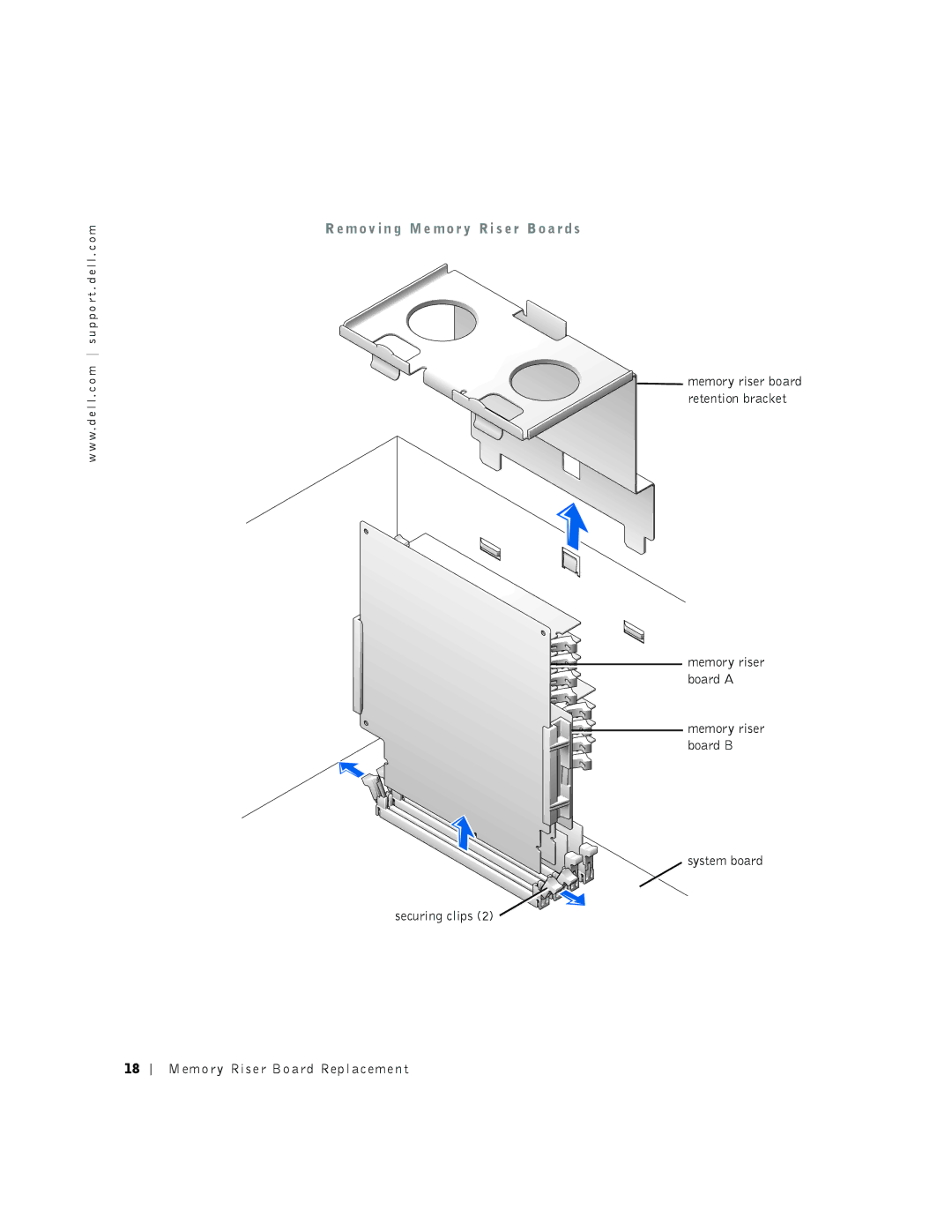 Dell 530 manual Em o v in g M e mo r y Ri s er Bo a r ds 