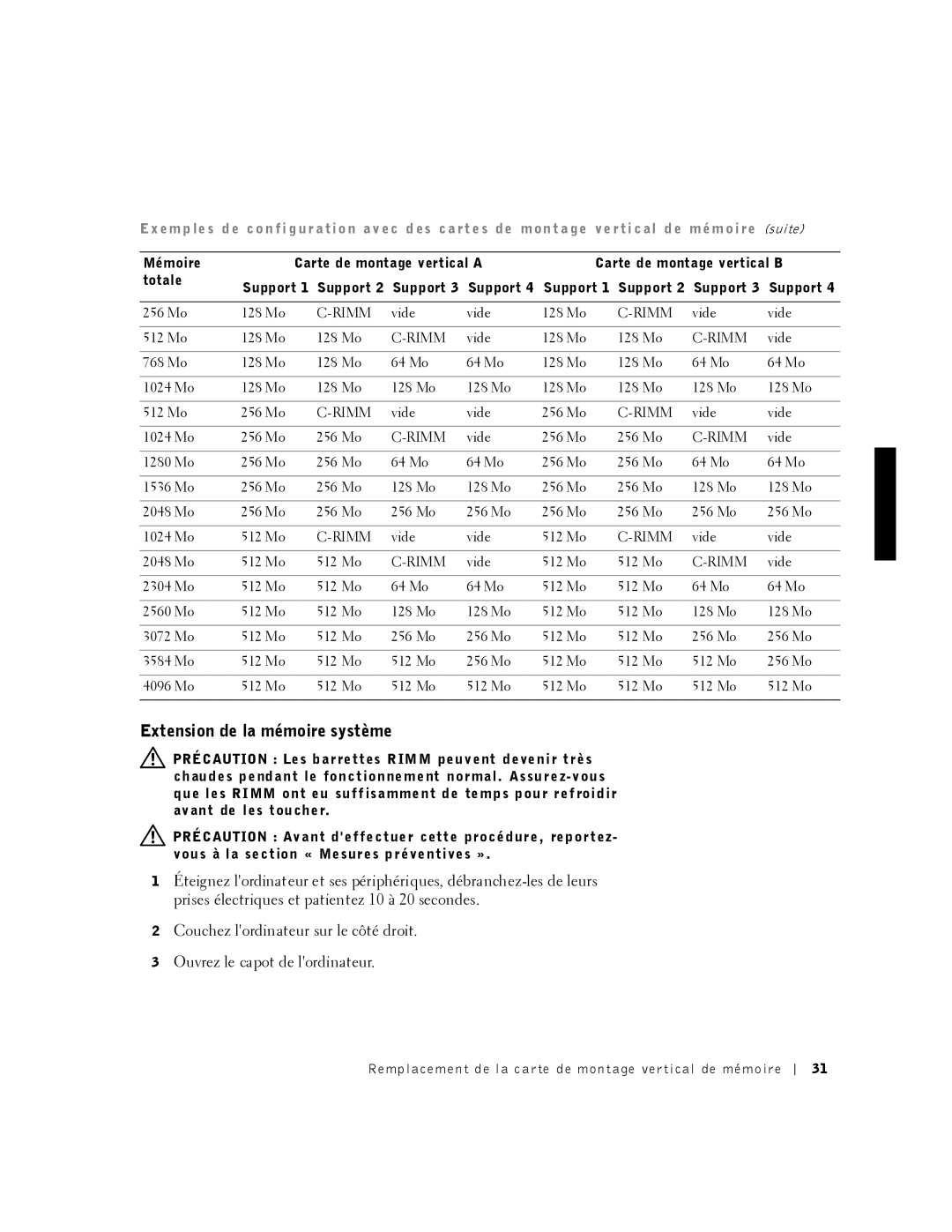 Dell 530 manual Extension de la mémoire système, Ve r ti c al d e m ém o i re 