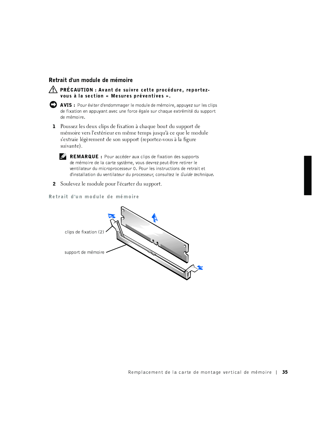 Dell 530 manual Retrait dun module de mémoire, Re tr a it d u n m o d ul e de mé m o ir e 