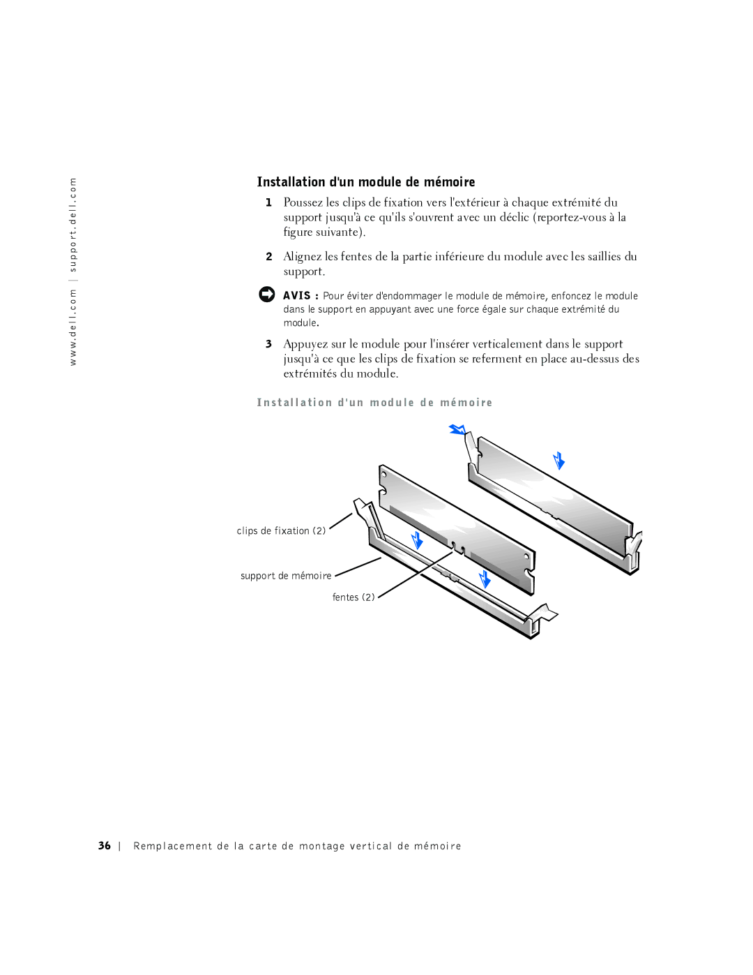 Dell 530 manual Installation dun module de mémoire, St al l a ti o n d un m od u l e d e m ém o i re 