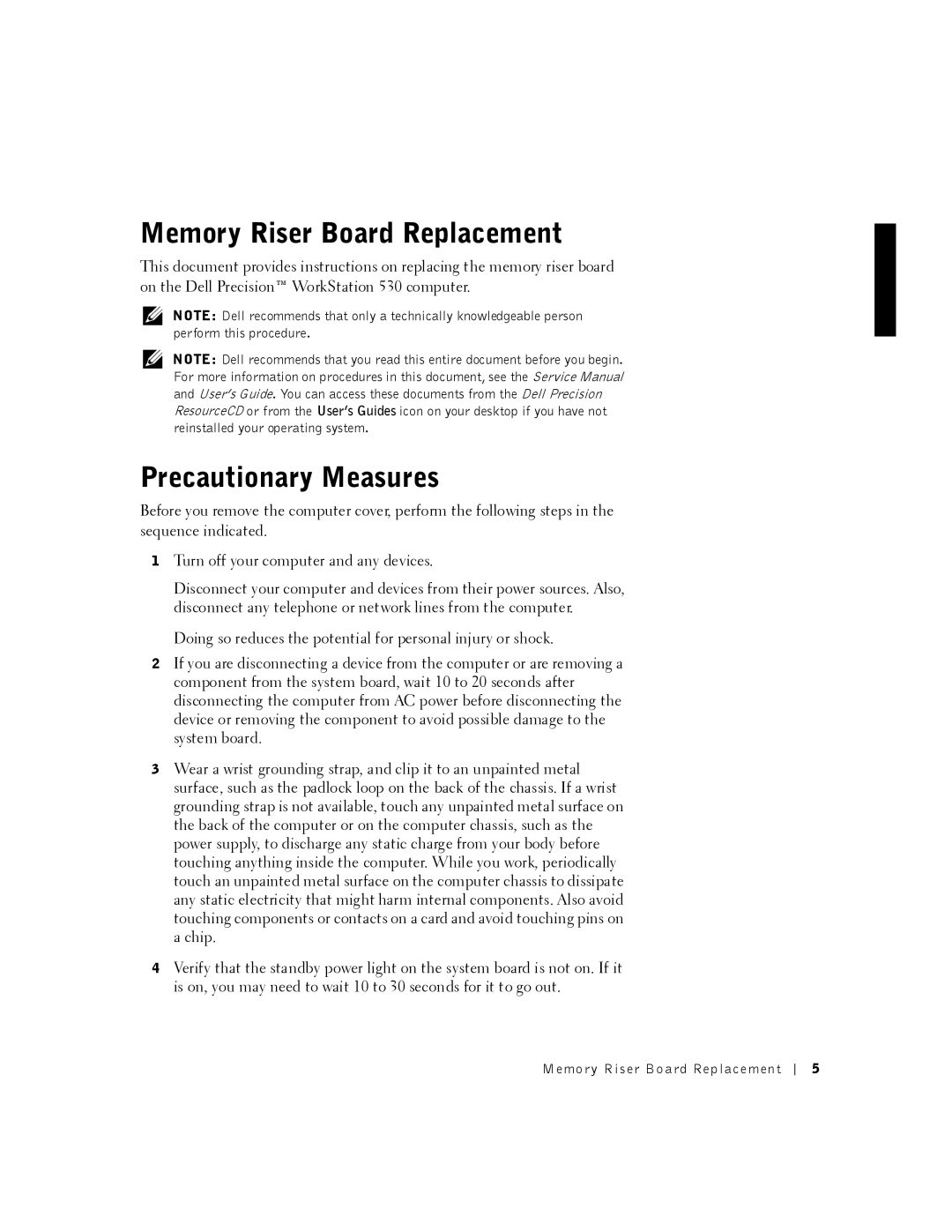 Dell 530 manual Memory Riser Board Replacement, Precautionary Measures 