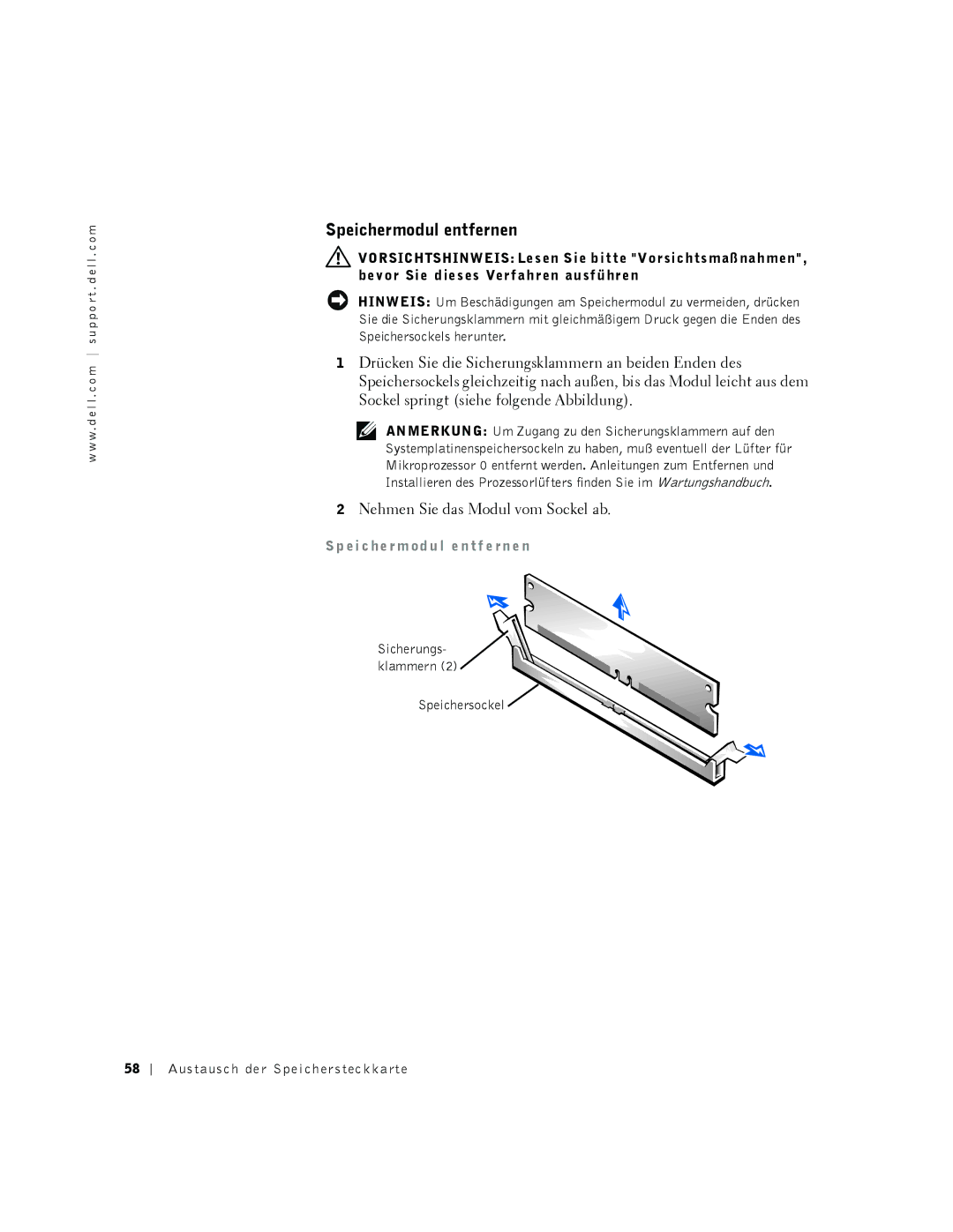 Dell 530 manual Speichermodul entfernen, Ei c he r m od u l e n tf e rn e n 