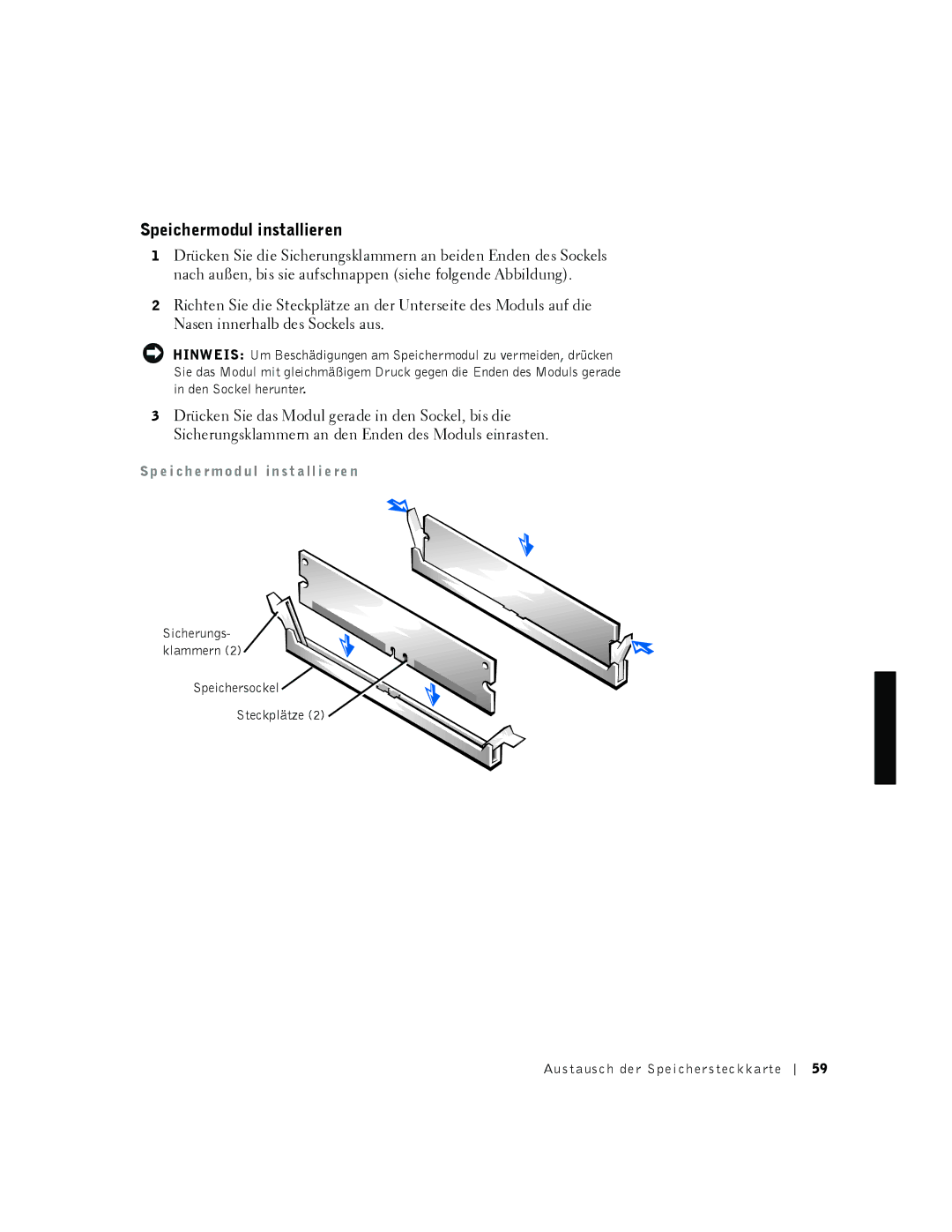 Dell 530 manual Speichermodul installieren, Sp e i ch e rm o d ul in st a ll i e re n 