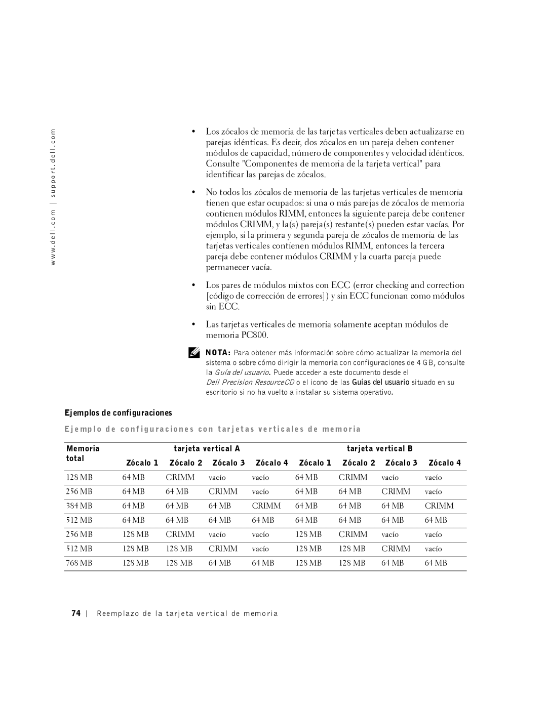 Dell 530 manual Ejemplos de configuraciones, Memoria Tarjeta vertical a Tarjeta vertical B Total Zócalo 