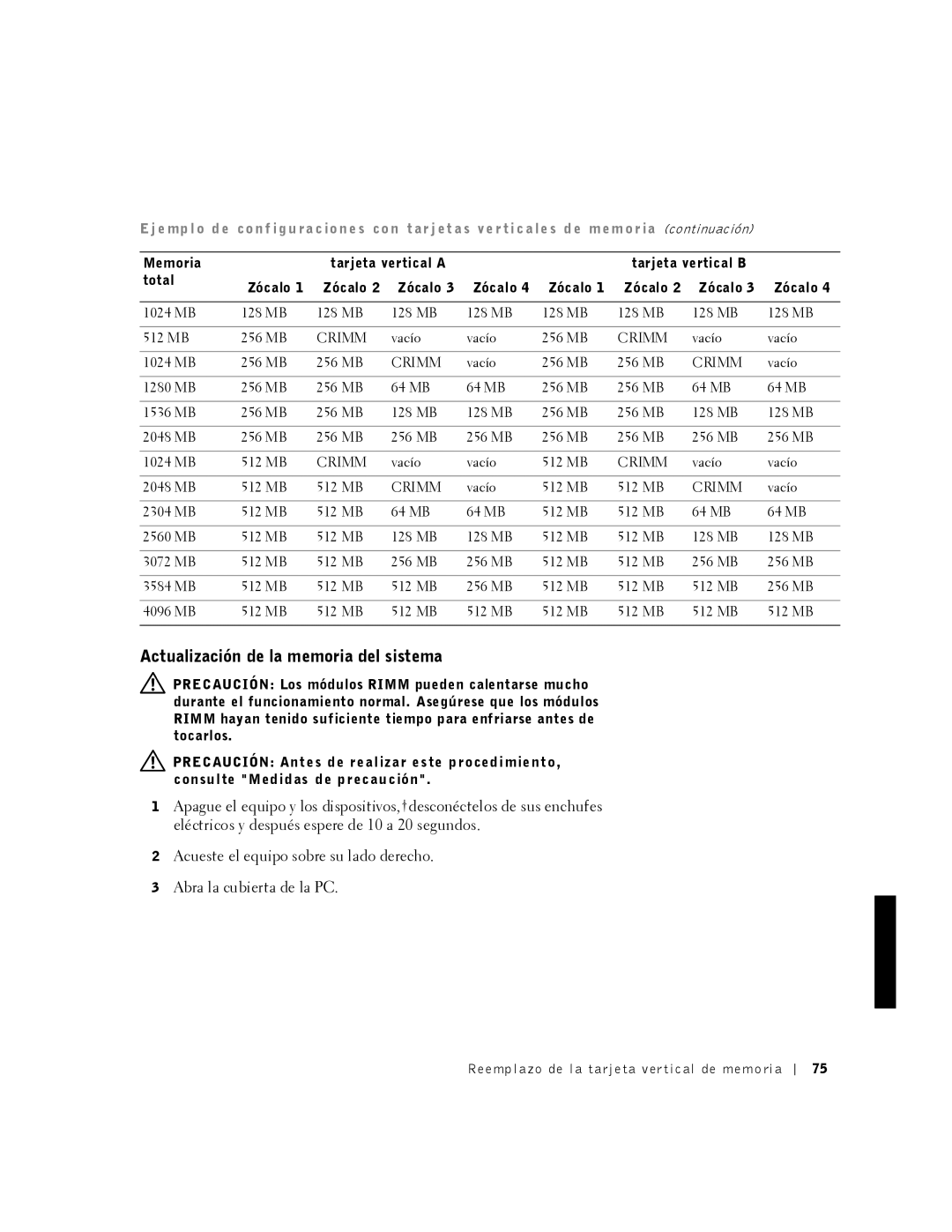 Dell 530 manual Actualización de la memoria del sistema 