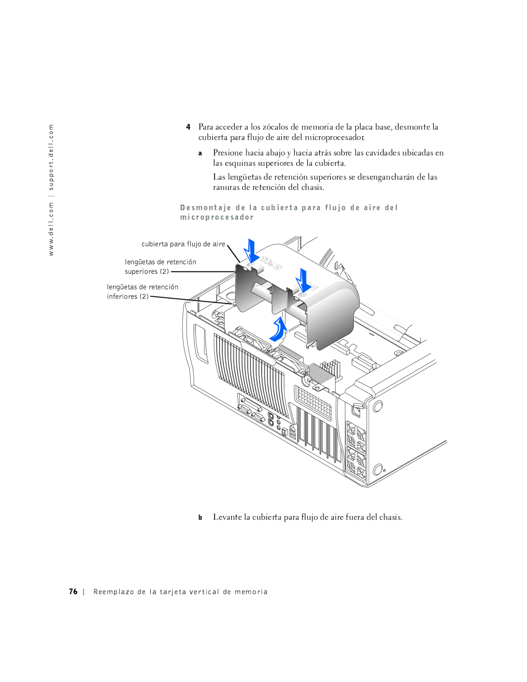 Dell 530 manual Levante la cubierta para flujo de aire fuera del chasis 