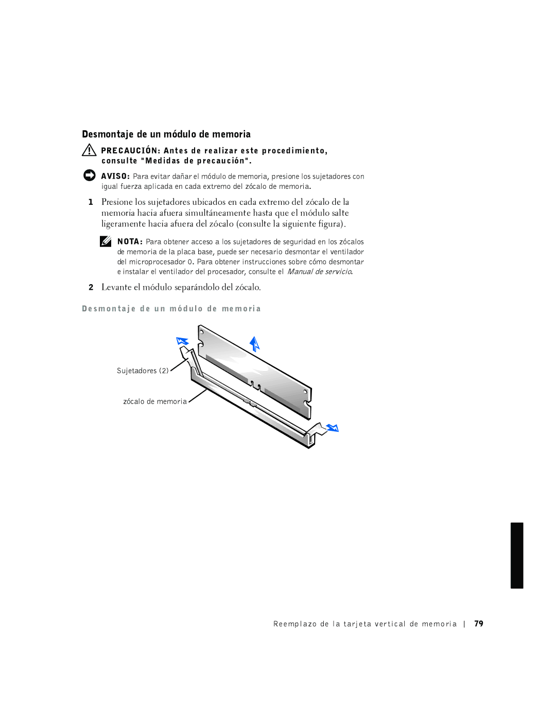 Dell 530 manual Desmontaje de un módulo de memoria, De sm o n ta j e d e u n m ó d ul o de me m o ri a 