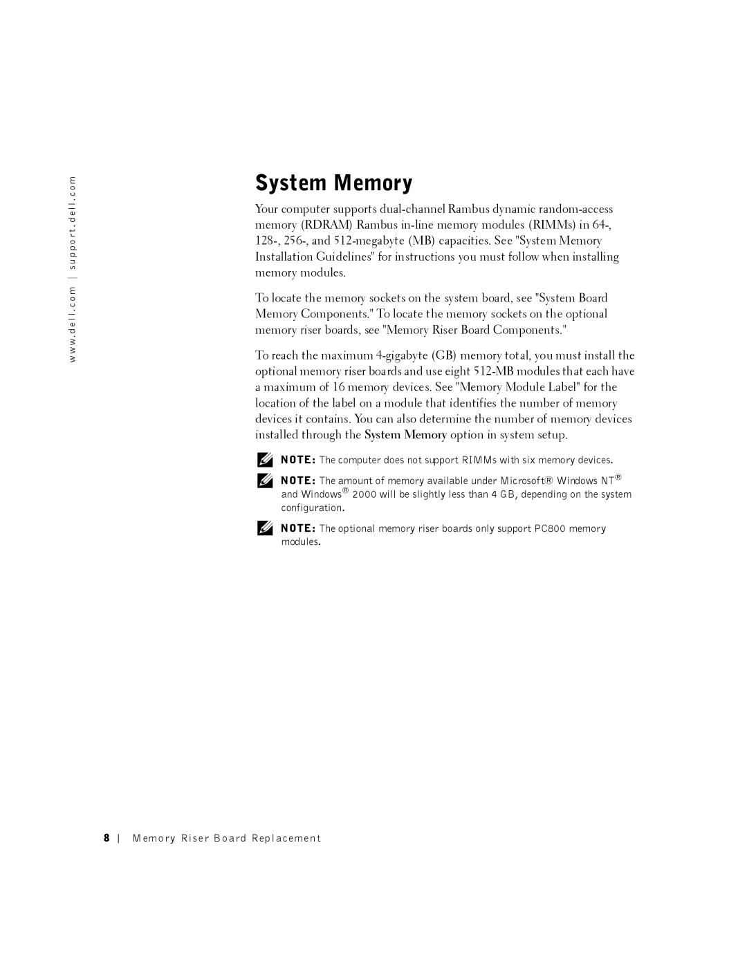 Dell 530 manual System Memory 