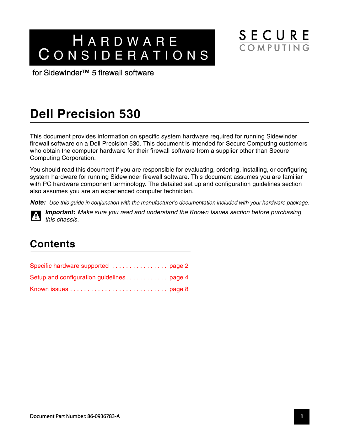 Dell 530 manual H A R D W A R E C O N S I D E R A T I O N S, Dell Precision, Contents, for Sidewinder 5 firewall software 