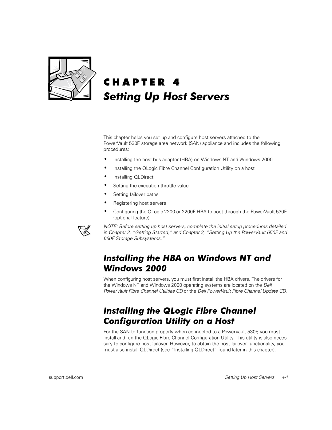 Dell 530F manual Setting Up Host Servers, Installing the HBA on Windows NT and Windows 