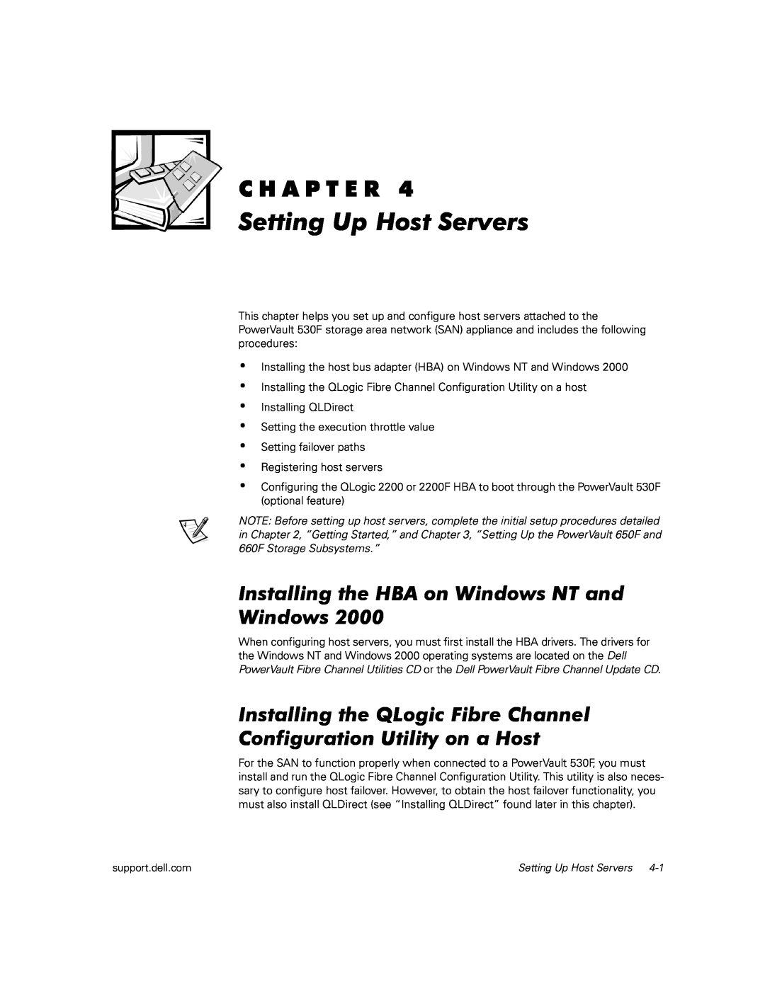 Dell 530F manual Installing the HBA on Windows NT and Windows, Setting Up Host Servers, C H A P T E R 
