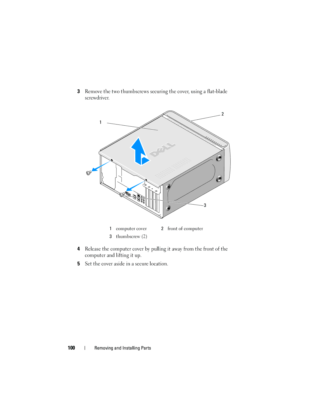 Dell 531 owner manual Computer cover Front of computer Thumbscrew 