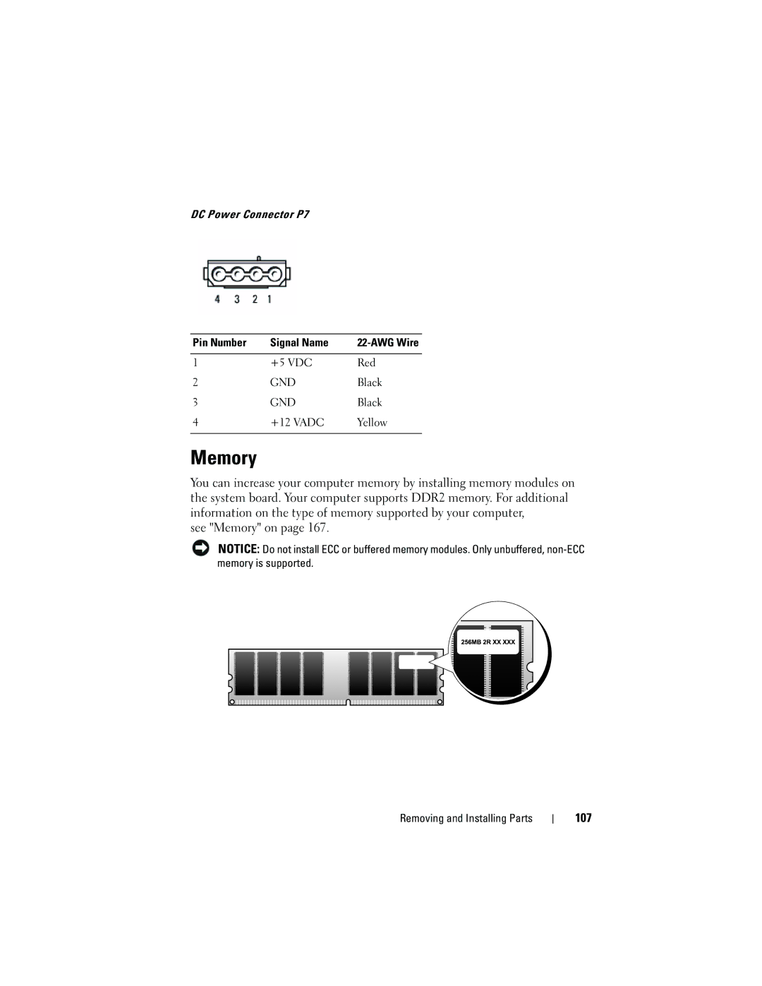 Dell 531 owner manual Memory, 107, DC Power Connector P7 Pin Number Signal Name 