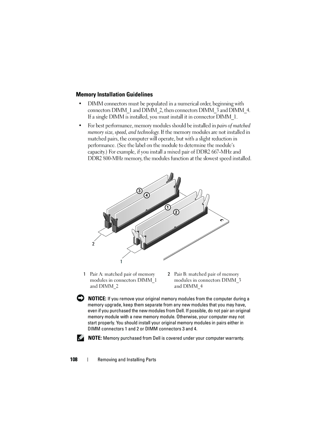 Dell 531 owner manual Memory Installation Guidelines, 108 