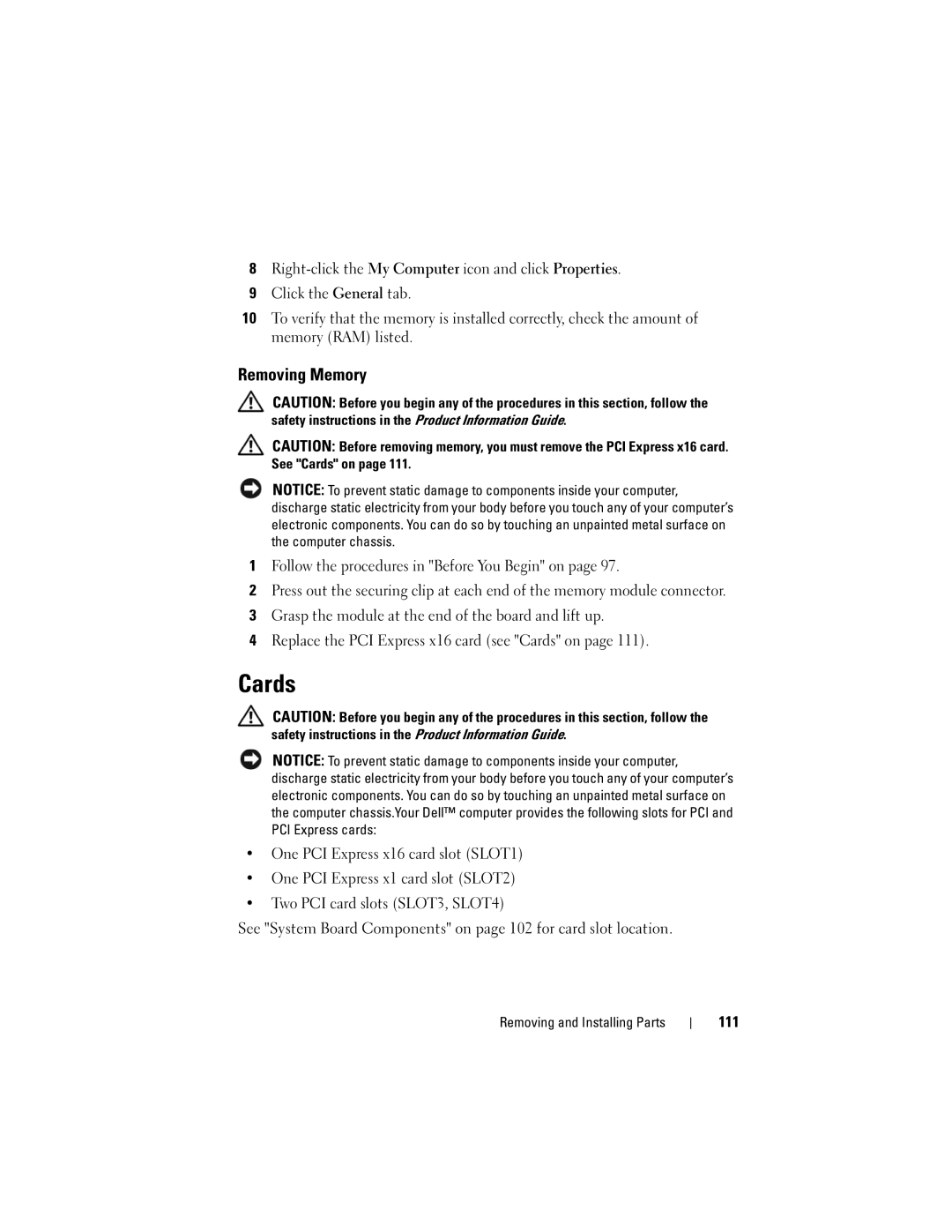 Dell 531 owner manual Cards, Removing Memory, 111 