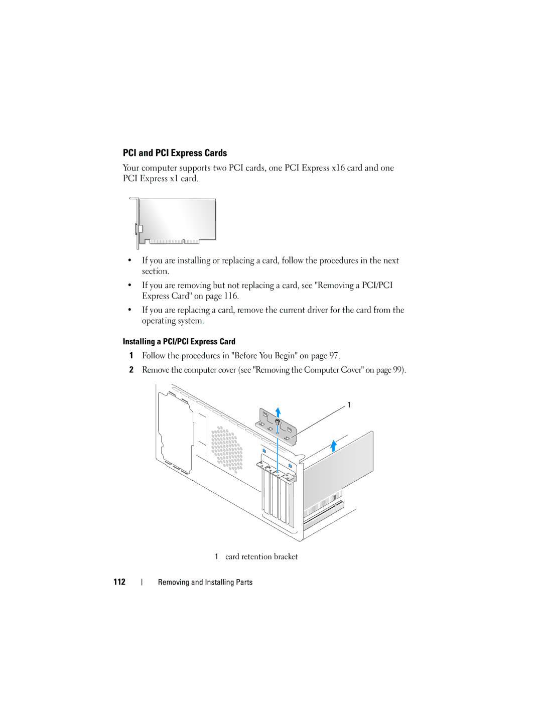 Dell 531 owner manual PCI and PCI Express Cards, 112 