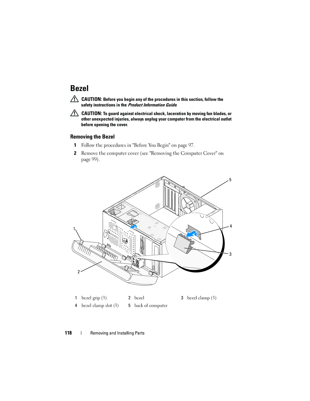 Dell 531 owner manual Removing the Bezel, 118 