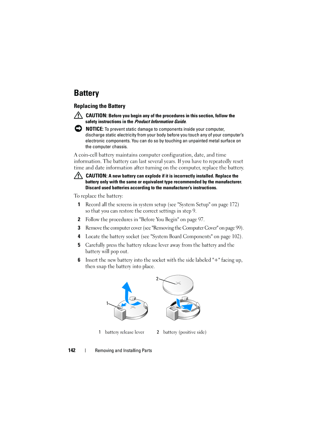 Dell 531 owner manual Replacing the Battery, 142 