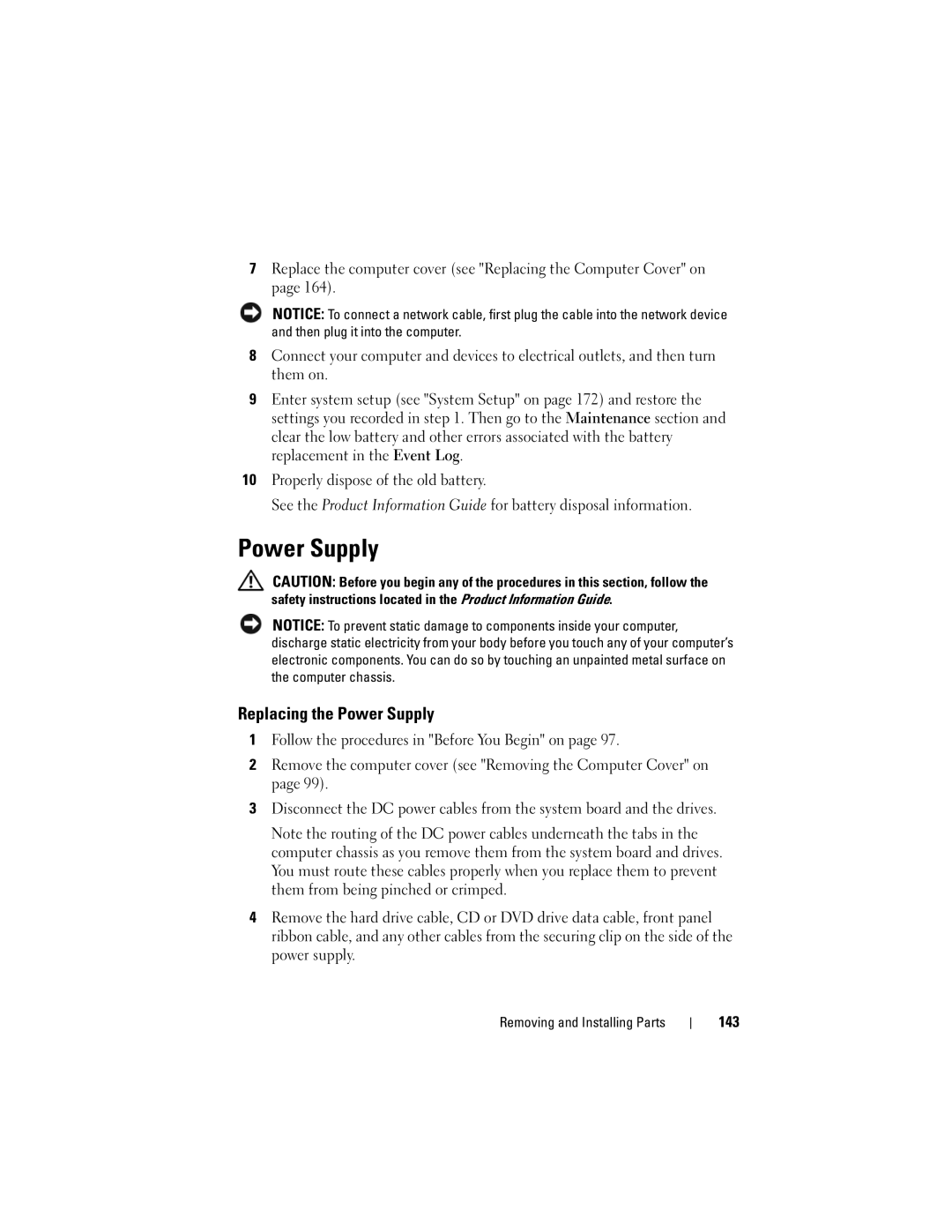 Dell 531 owner manual Replacing the Power Supply, 143 