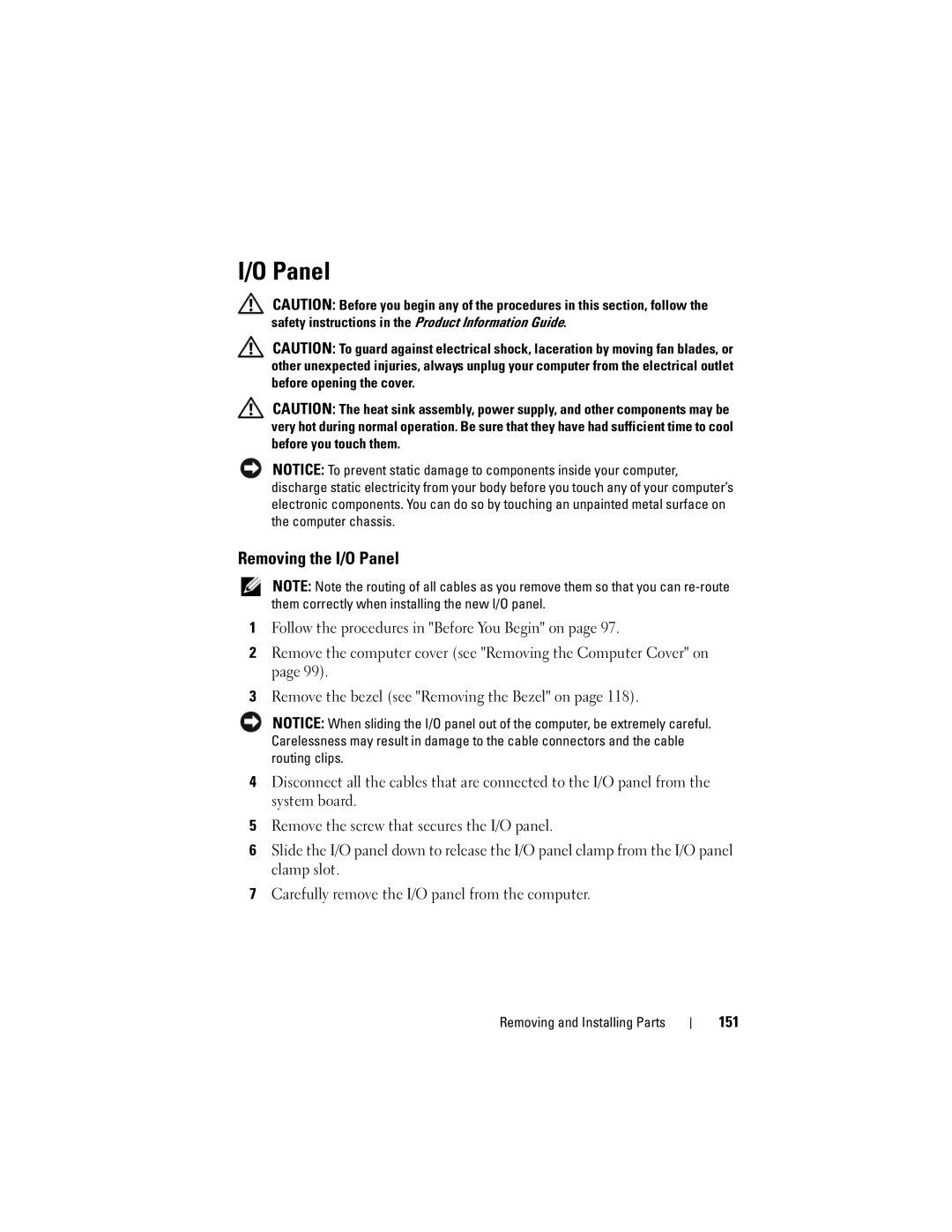 Dell 531 owner manual Removing the I/O Panel, 151 