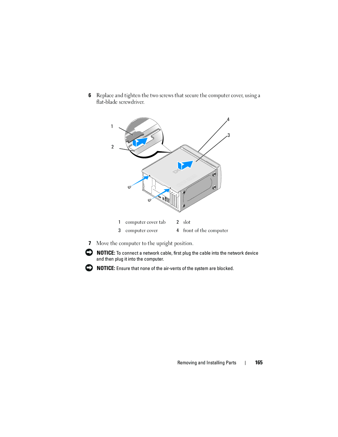 Dell 531 owner manual Move the computer to the upright position, 165 